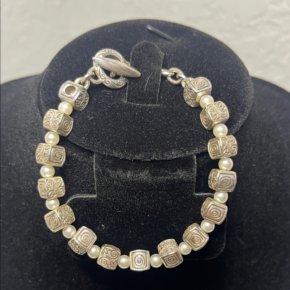 Brighton Silver Tone Embossed Design Square Bead Faux Pearl Bracelet